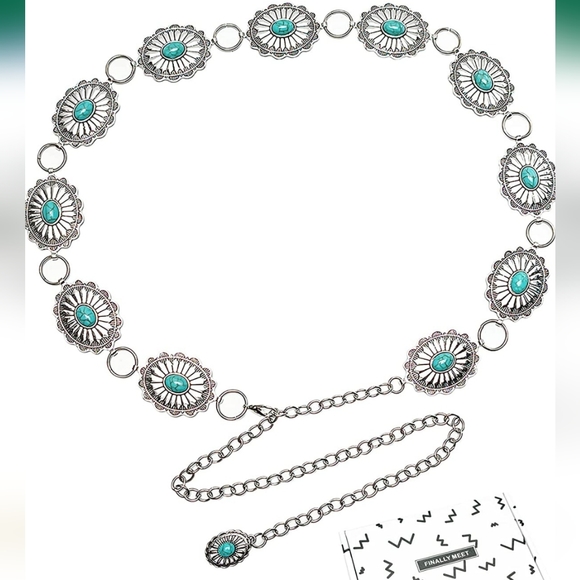New concho silver and turquoise color chain belt. Fits up to 50" - Picture 3 of 4